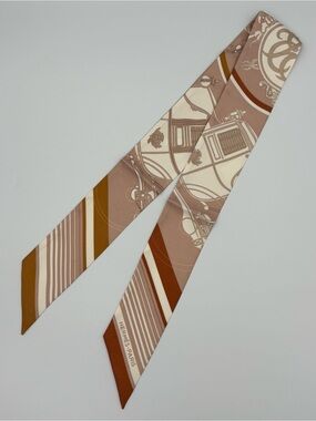 Hermes Ex-Libris Twilly Scarf Brown Caramel Cream Carriage Stripe